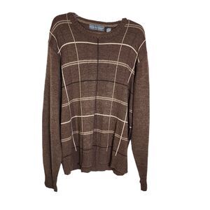 Oscar de la Renta Mens Sweater XL Brown Window Pane Plaid Cotton Blend Pullover